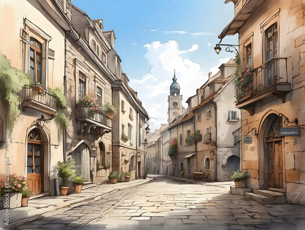 Fototapeta premium Historic European street with cobblestone path