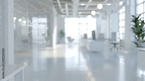 The blurred focus of a white  open-space office interior serves as a versatile backdrop  allowing for a clean and minimalist aesthetic. This setting provides a sense of spaciousness