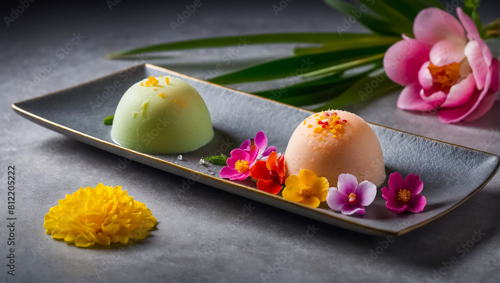 Mochi beautiful ice cream with flowers presentation Mochi beautiful ice cream with flowers presentation