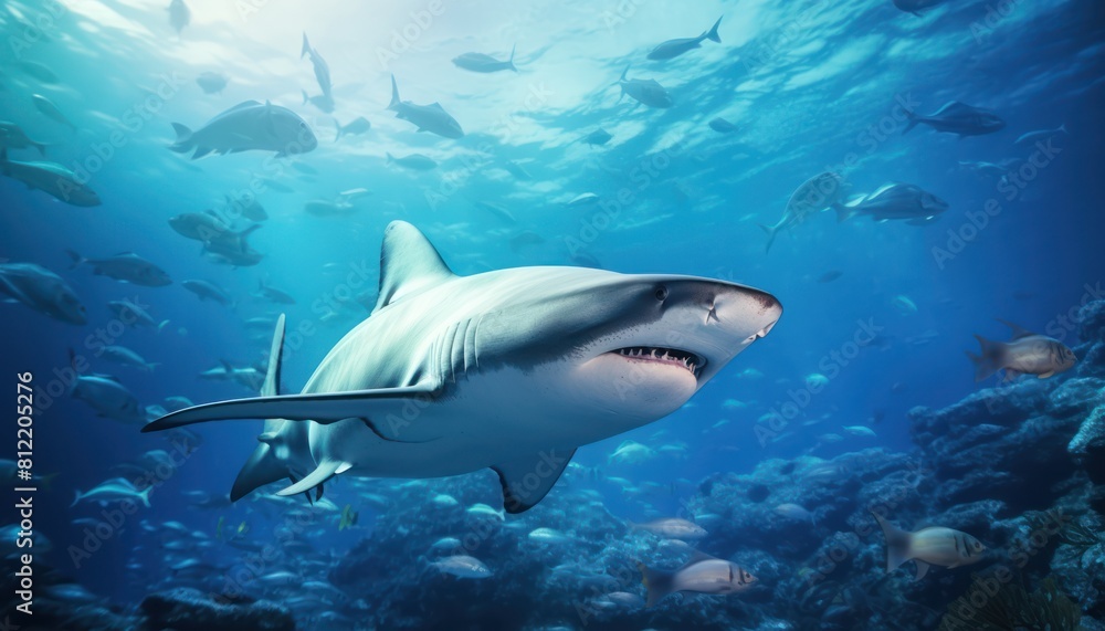 Obraz premium The great White Shark in the ocean, portrait of White shark hunting prey in the underwater