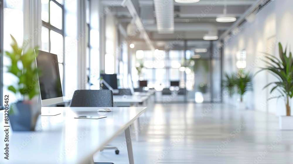 The blurred focus of a white, open-space office interior serves as a versatile backdrop, allowing for a clean and minimalist aesthetic. This setting provides a sense of spaciousness The blurred focus of a white, open-space office interior serves as a versatile backdrop, allowing for a clean and minimalist aesthetic. This setting provides a sense of spaciousness