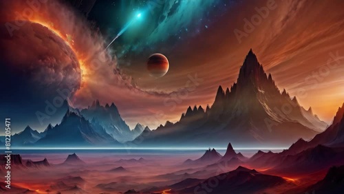 Beautiful Terrifying Alien World Landscape 4K Loop features an A.I. generated video of an alien planet with a moon in the sky and animated clouds in a loop. photo