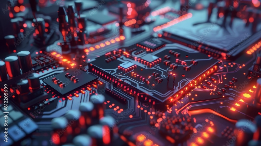 Close-up of a computer circuit board with red glowing lights. Close-up of a computer circuit board with red glowing lights.