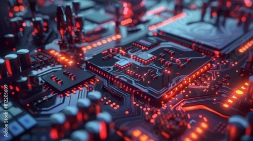 Close-up of a computer circuit board with red glowing lights.