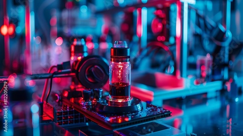 Red and blue glowing electronic tube with a spiral structure inside. Close-up.