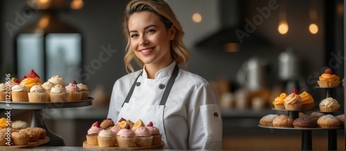 woman in chef uniform holding a tray full of assorted cupcakes. The cupcakes are exquisitely decorated, showing different colors and toppings.