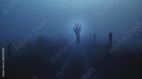 Misty forest scene with an eerie hand reaching out - suitable for horror or Halloween themes