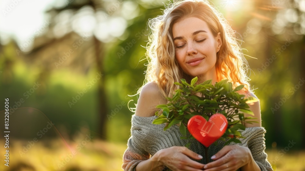 A woman tenderly holds a tree adorned with a vibrant red heart and a recycling symbol embodying the ideals of nature conservation and environmental care This image symbolizes the spirit of A woman tenderly holds a tree adorned with a vibrant red heart and a recycling symbol embodying the ideals of nature conservation and environmental care This image symbolizes the spirit of