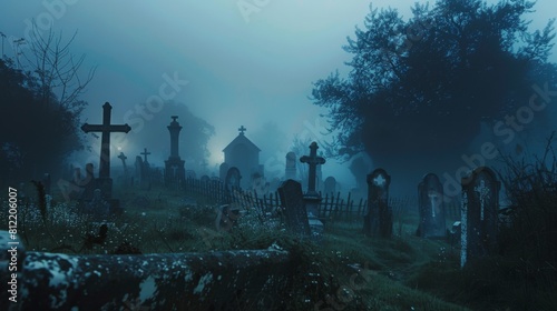Misty moonlit cemetery scene for Halloween or horror-themed design inspiration