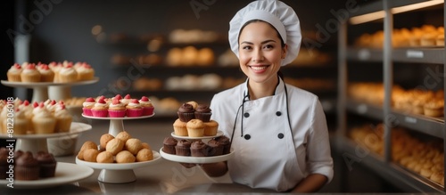 woman in chef uniform holding a tray full of assorted cupcakes. The cupcakes are exquisitely decorated, showing different colors and toppings.