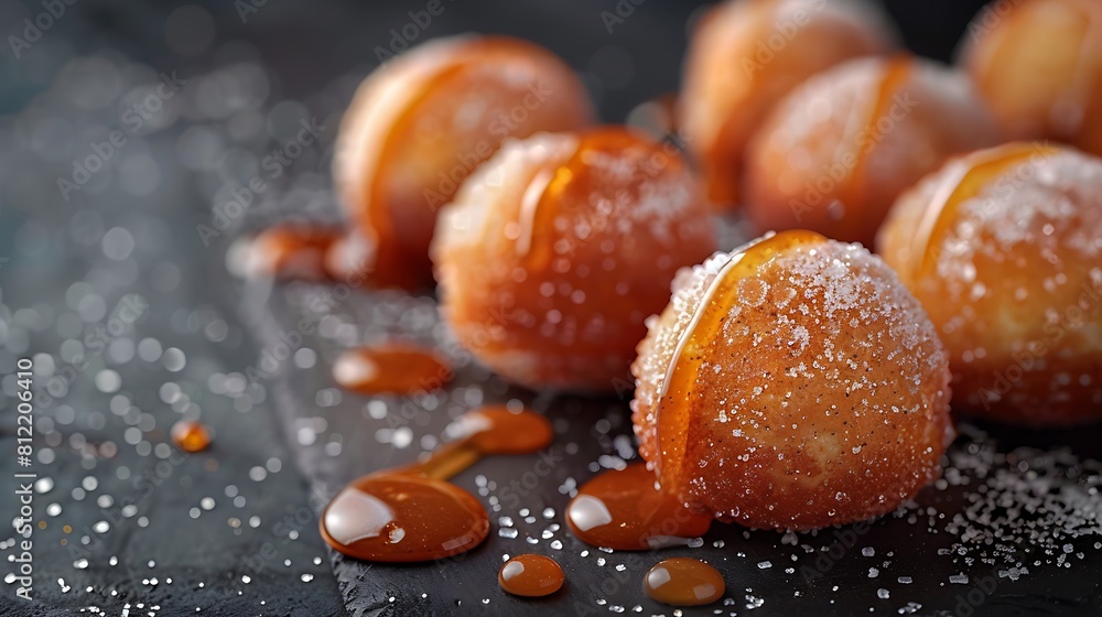 Cinnamon sugar doughnut holes with caramel sauce, closeup of Fresh food serving