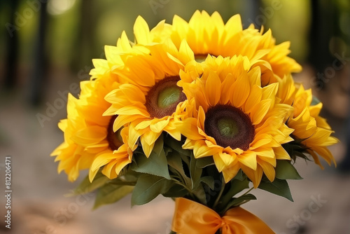 Bouquet of sunflowers on blurred background with copy space