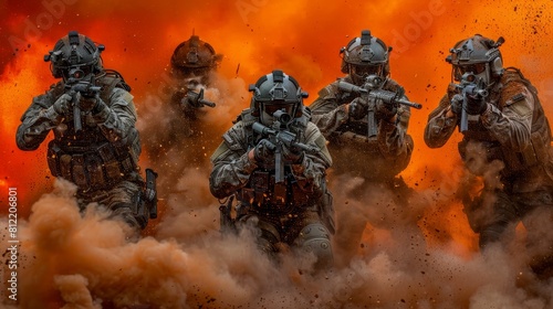 Group of army soldiers advancing forward through dense smoke cloud during combat
