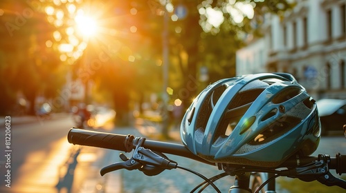 In the soft glow of the evening sun, a bike helmet rests atop a bicycle parked on a tranquil street, setting the scene for a leisurely ride or a peaceful moment of reflection.  photo
