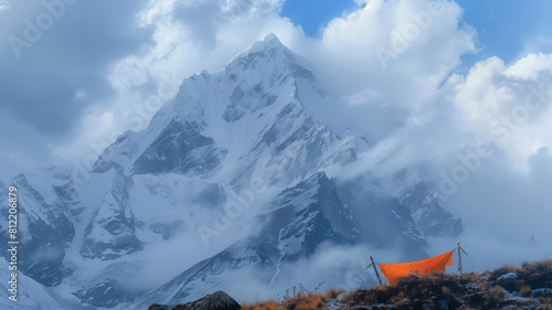 majestic peak at Ama Dablam in the clouds mountain range in Nepal