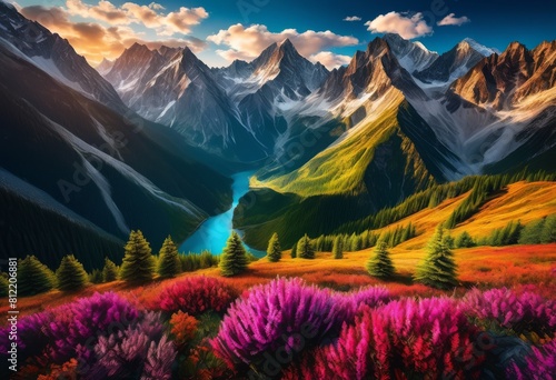 illustration  majestic mountain peaks serene valleys stunning landscape series  mountains  nature  scenery  wilderness  panoramic  outdoors  hillside  view 