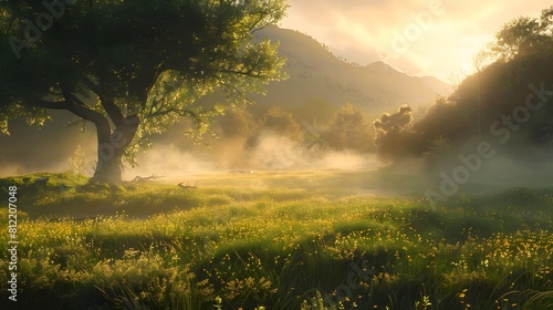 A tranquil meadow bathed in the soft light of dawn, with mist rising from the ground