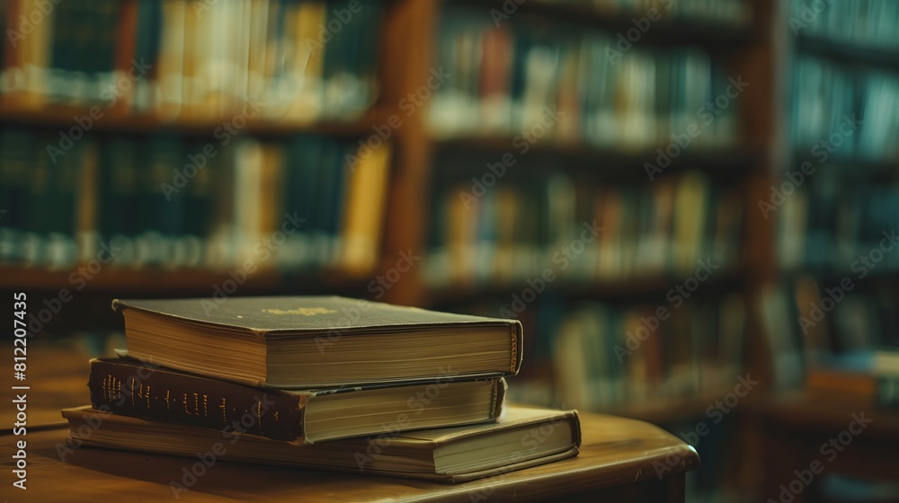 Fototapeta premium A stack of books rests on a wooden desk in a library room, creating a focal point against a backdrop of a blurred bookshelf