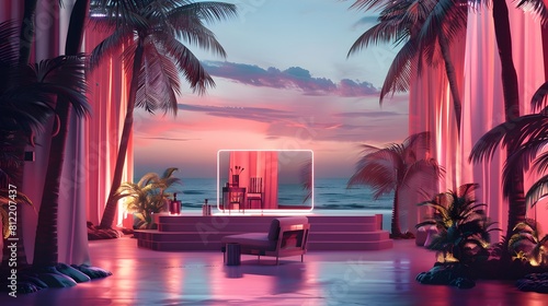 a virtual stage where cosmetics take center stage amidst a backdrop of palm trees and gentle ocean breezes, rendered in exquisite 8K detail