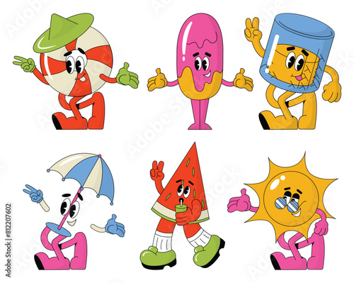 Retro cartoon walking smiled summer vintage groovy characters design set. Sun, Ice cream, cocktail, watermelon, lifebuoy. Retro character, hippie 70s style. Vector illustration isolated on background © Александра Симкина