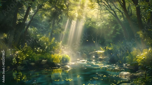 An enchanting forest glade illuminated by shafts of sunlight, with a crystal-clear stream running through it photo