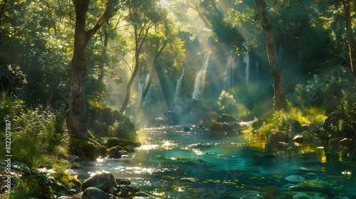 An enchanting forest glade illuminated by shafts of sunlight  with a crystal-clear stream running through it