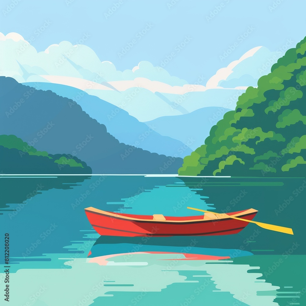 Tranquil Lake Scene with Red Boats Surrounded by Mountains