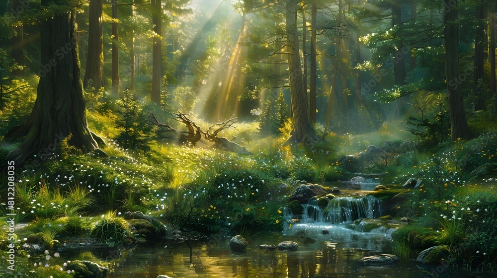 An enchanting forest glade illuminated by shafts of sunlight, with a crystal-clear stream running through it