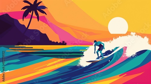 Dynamic Surfer Catching Waves at Tropical Sunset