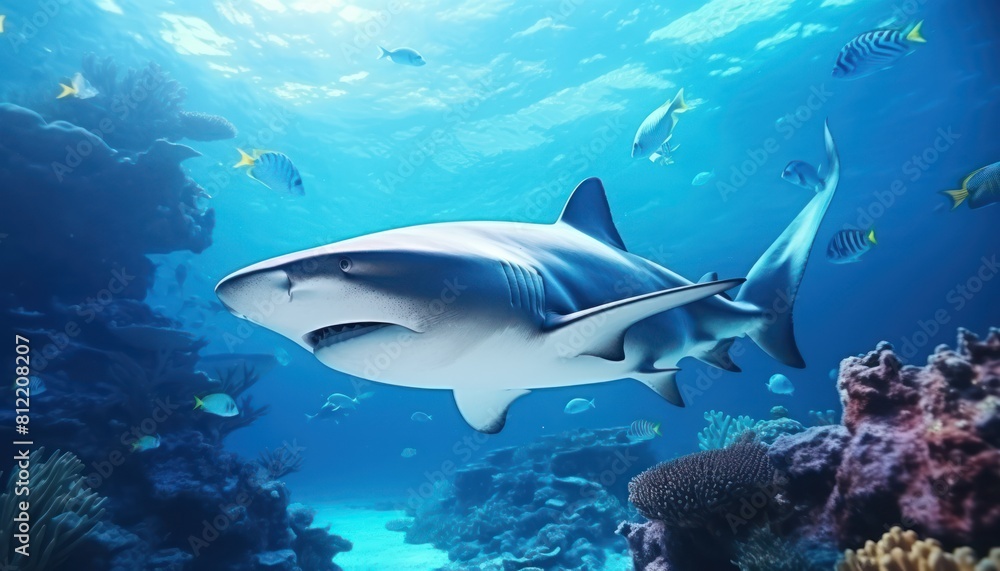 Fototapeta premium The great White Shark in the ocean, portrait of White shark hunting prey in the underwater