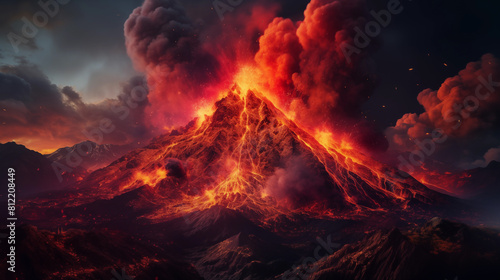 A burst of colorful smoke rising from a volcanic eruption, illuminated by the fiery glow within, casting an ominous yet stunning scene.