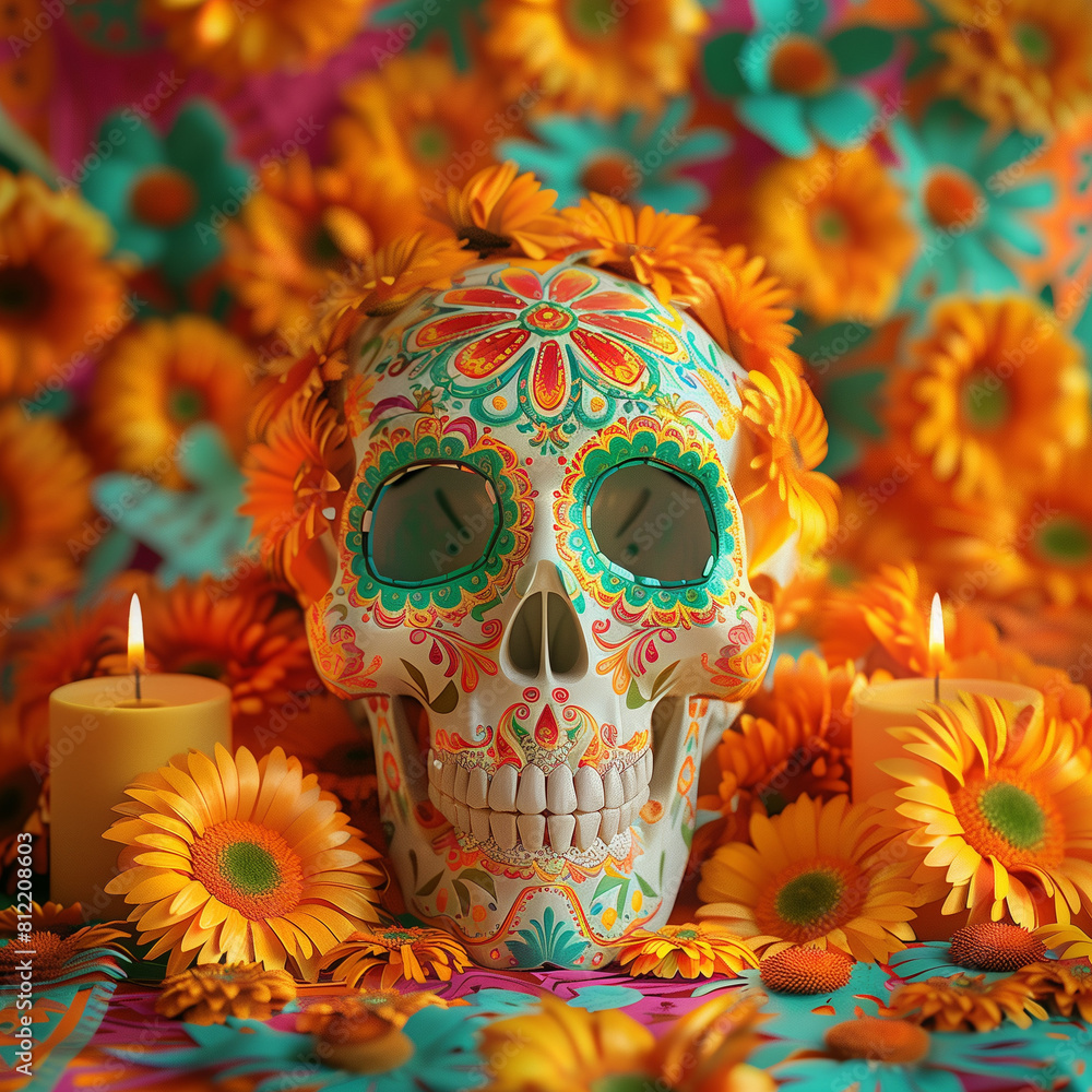 This image depicts a vibrant Mexican calavera, adorned with intricate patterns and surrounded by marigold flowers, celebrating Dia de Muertos with festive, cultural symbolism.