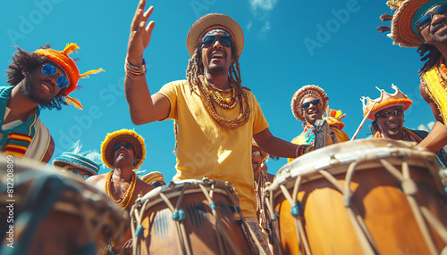 Inside the Brazilian Carnival scene, drummers play vibrant samba rhythms. Portrait photo captures cheerfull men with drums. Evokes the lively spirit of Carnival in hot Rio photo