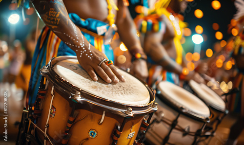 Brazilian Carnival scene  drummers play vibrant samba rhythms. A close-up photo captures a man s palm on the drum s edge. Evokes the lively spirit of Carnival in hot Rio
