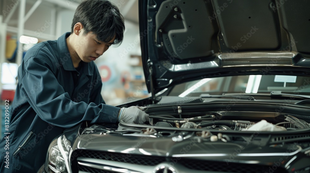 A skilled automobile technician is intently inspecting the engine bay of a modern vehicle in a well-equipped auto repair shop A skilled automobile technician is intently inspecting the engine bay of a modern vehicle in a well-equipped auto repair shop