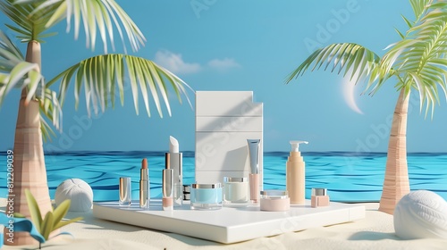 Create a 3D stand that captures the essence of a summer escape, with cosmetics arranged in a way that reflects the laid-back elegance of a beachfront resort