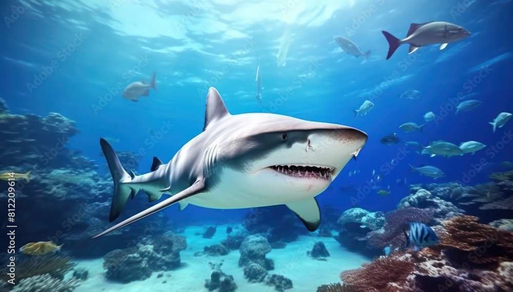 Fototapeta premium The great White Shark in the ocean, portrait of White shark hunting prey in the underwater