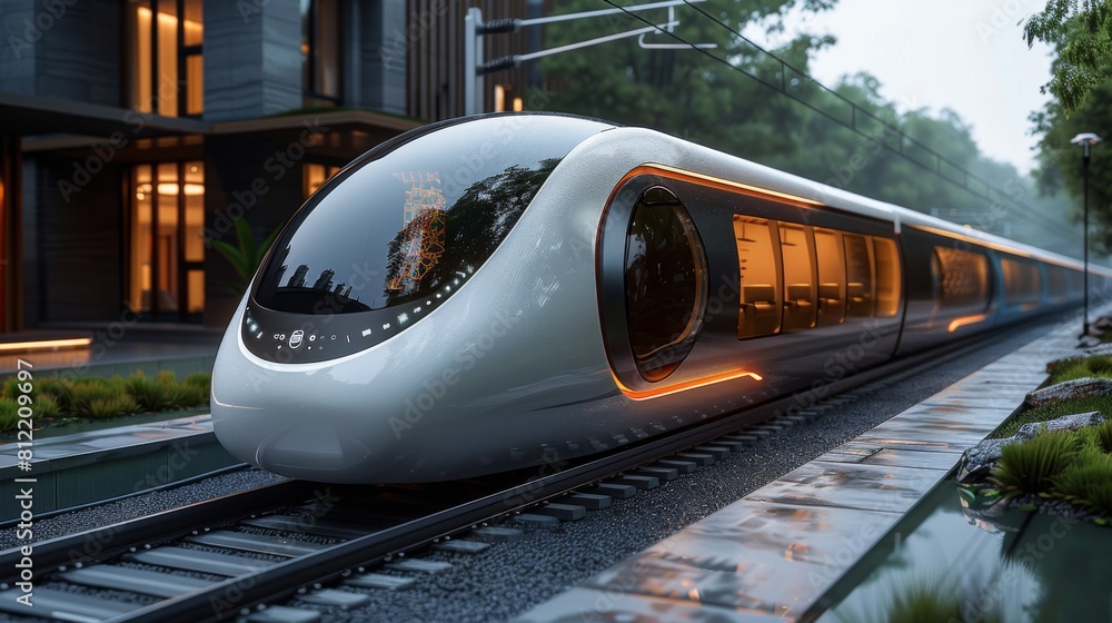 Naklejka premium A state-of-the-art train captured at twilight, reflecting the ambient light of the environment