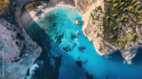 Zakynthos, Greece. Famous Navagio Beach, overhead landscape of Ionian Sea