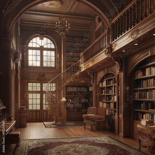 Elegant vintage library interior with staircase  © Layan