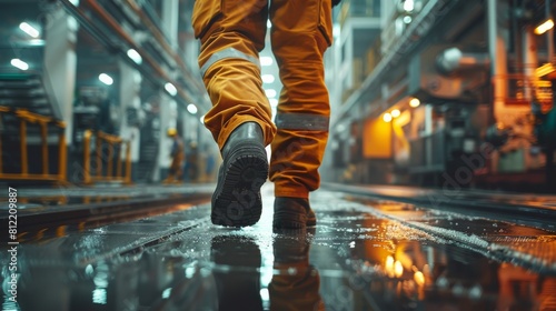 Clear and sharp reflection on water of a worker's feet in safety boots on a factory pathway