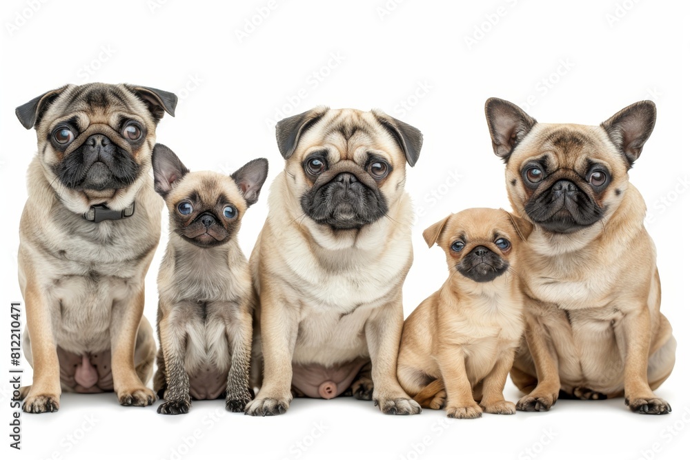 Diverse cats and dogs together in studio setting on white background with space for text