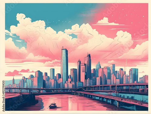 Retro-style city skyline with pink hues