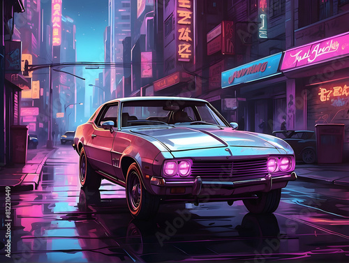 Illuminated muscle car in neon cityscape