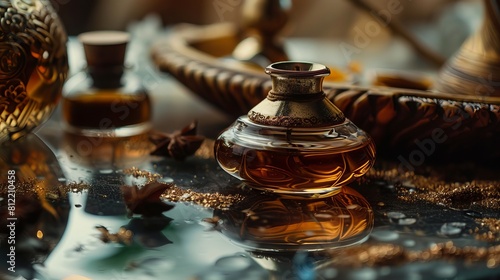 In a mesmerizing close-up, the intricate details of oud oils are revealed, showcasing their rich and aromatic essence. 