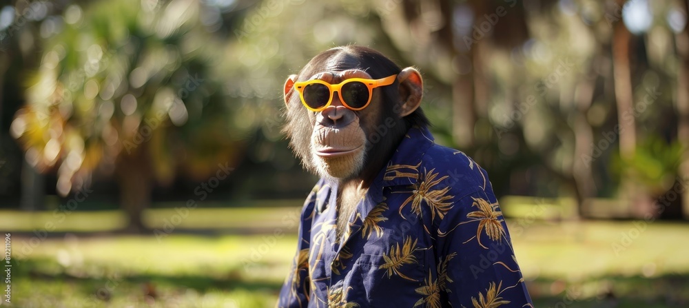 Stylish chimpanzee in vibrant attire orange sunglasses and colorful hawaiian shirt Stylish chimpanzee in vibrant attire orange sunglasses and colorful hawaiian shirt