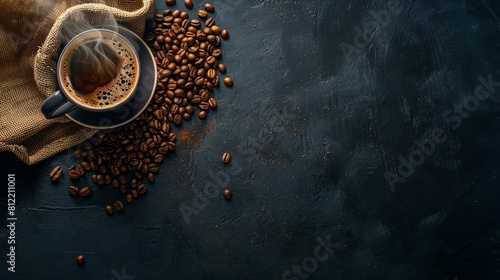 In a striking contrast against a dark background, a cup of steaming coffee stands alongside a burlap sack brimming with coffee beans, all seen from above.