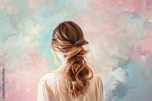 Women's ponytail , taken from behind, pastel background photo