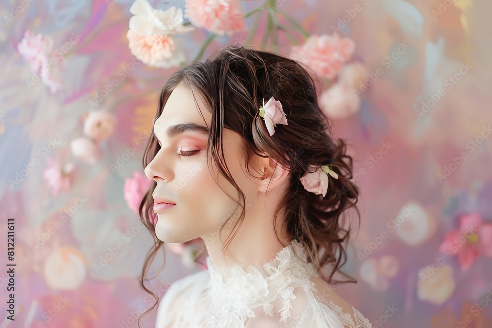 portrait of a androgynous male model in a elegant dress, gender queer , feminine, with pastel background
portrait of a androgynous male model in a elegant dress, gender queer , feminine, with pastel background