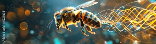 Illustrate a dynamic side view of a yellow-black striped bee in flight, intricate sound waves trailing behind Vibrant digital art style with a soft-focus background